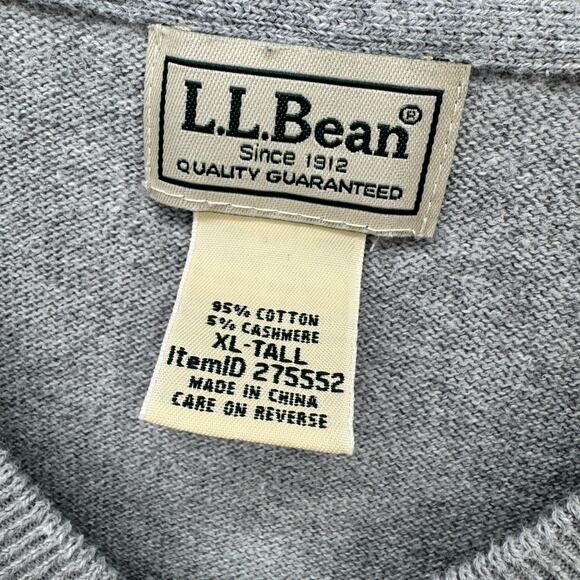 LL Bean Sweater Mens XLT XL Tall Gray V-Neck Cotton Cashmere Pullover Knit - Picture 2 of 6